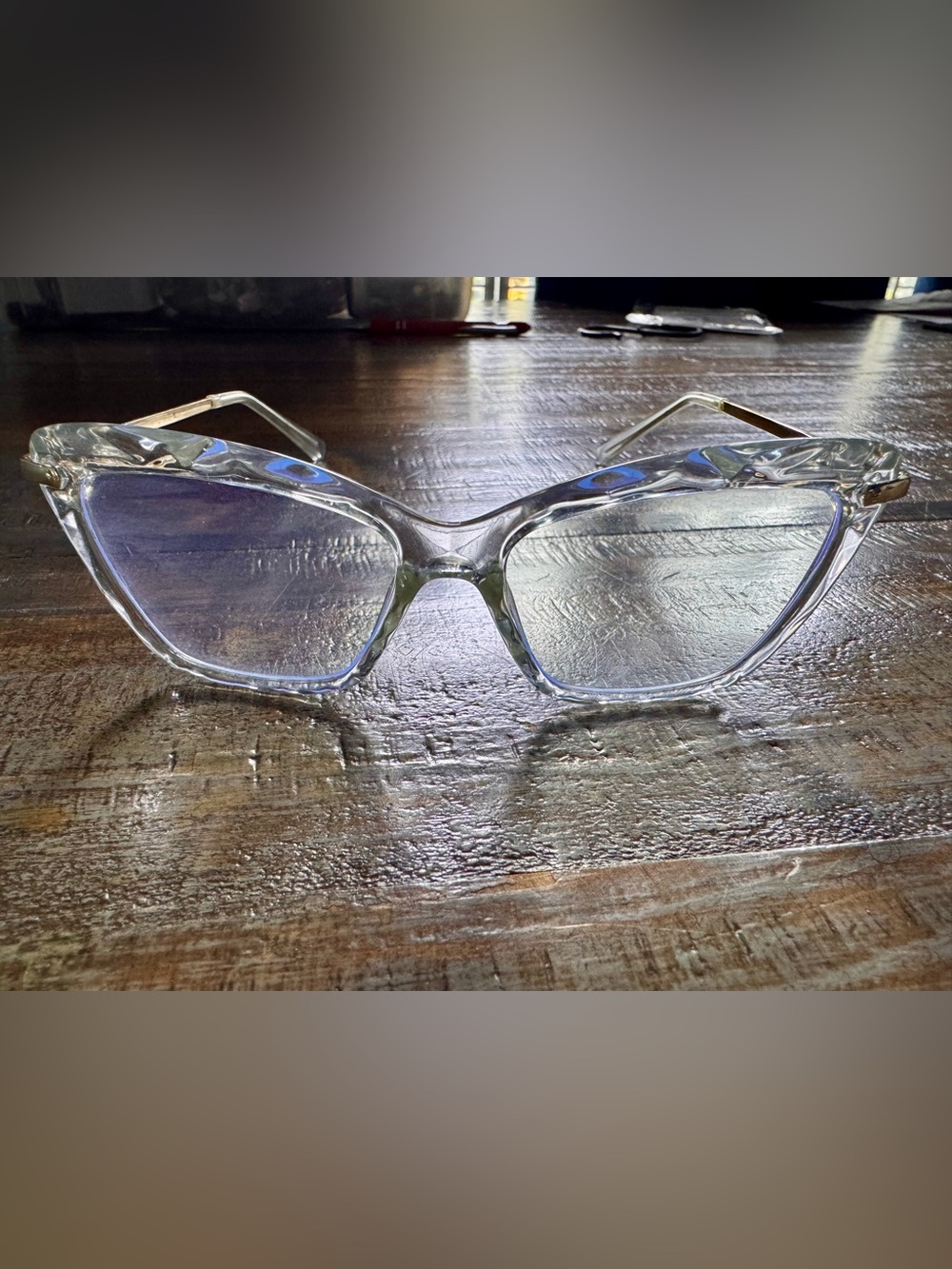 Clear Lucite Cat Eye Frame Blue Screen Glasses
